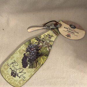Pinot Noir Wine Bottle Cheese Server with Silver Plated Spreader Tempered Tray
